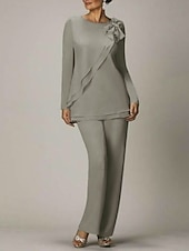billige Mammas buksedresser-Strandbryllup to-delt jumpsuit  buksedress mor til bruden bryllups gjest elegant pluss størrelse juvelhals gulvlengde chiffon lang erme med sløyfe(r) volanger