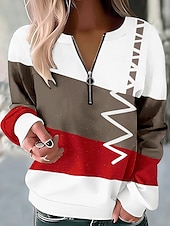 cheap Stripe&amp;Geometric Tops-Women&#039;s Pullover Sweatshirt Zip Up Sweatshirts Graphic Geometric Abstract Fashion Casual Long Sleeve Crew Neck Regular Tops Street Dailywear Zipper Print Red Fall Winter