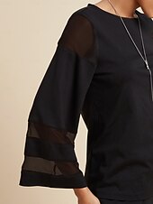 billiga Tvådelade set-Dam Vardaglig stil Chiffong Huvudstad Enfärgad / vanlig färg Dagliga kläder Datum Utekväll Illusion ärm Svart Vit Marinblå Crewneck Ren färg Ledig Långärmad Elegant Ledigt vardag Rund hals Vår