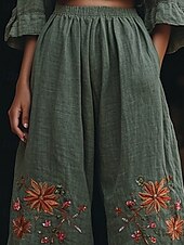 cheap Wide Leg &amp; High Waisted-Women&#039;s Wide Leg Pants Trousers Palazzo Pants Fashion Boho Full Length High Waist Flower Elastic Waist Print Breathability Comfortable Street Daily Wear Going out Army Green Spring Fall Regular Fit