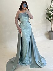 billige champagne-Paljett A-linje aftenkjole elegant kjole formell bryllupsgjest gulvlang langermet hals champagnefarget kjole til brudens mor sateng med glitterspalte 2025
