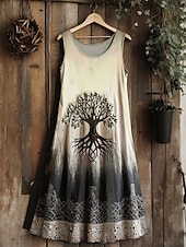 tanie Sukienki boho-Damskie Sukienka midi Sukienka letnia Sukienka A line Urlop Codzienny Boho Ślub Impreza Wyjściowe Kwiaty Graficzny Kształt listka Bez rękawów Dekolt w kształcie litery U Jasnobrązowy Jasnofioletowy