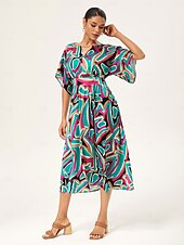 abordables Robes décontractées-robe longue cintrée à manches chauve-souris abstraites et colorées
