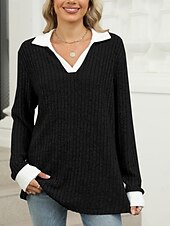 voordelige Dames eenvoudige tops-Dames Overhemd Effen Kleur Stijlvol Casual Lange mouw V-hals Normale tops Dagelijks Lapwerk Zwart Rood blauw Fuchsia Lente Herfst