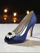 クリスタルバックル付きレディースサテンピープトゥパンプス - カクテルパーティーや夜のイベントに最適な、クラシックな女性用ハイヒールドレスシューズ お買い得  カクテル-クリスタルバックル付きレディースサテンピープトゥパンプス - カクテルパーティーや夜のイベントに最適な、クラシックな女性用ハイヒールドレスシューズ