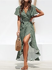 abordables Robes fleuries élégantes-Femmes Robe Midi Robe Décontractée Robe en Chiffon Robe d&#039;été Mode Extérieur Soirée Fête Coupe régulière À pois Manche Courte Col en V Blanche Jaune Rouge Vert Été Printemps