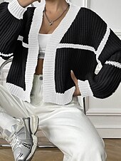 preiswerte Strickjacken und Oberbekleidung-Damen Strickjacke Mode Farbblock Gerippt Kapuze Patchwork Gestrickt Langarm Normale Oberteile Stricken Ferien Ausgehen Wochenende Schwarz Rosa Herbst