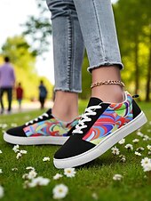 abordables Baskets femme-Baskets en toile colorées pour femmes – chaussures à lacets décontractées et légères avec un imprimé artistique vibrant, parfaites pour la marche, les voyages et le style urbain au quotidien