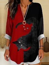 billige Dyr Topp-Kvinnes Bluse Tunika V-hals Lange Ermer Boho Casual Sommer Topper Grafisk Dyr Katt Vintage Tropisk Vanlige Topper Daglig Bruk Print Svart Og Hvit Gul Rosa Rød Blå