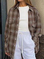 abordables Tops à Rayures et Géométriques pour Femmes-Femmes Chemise Plaid Quotidien Élégant Basique manche longue Col de chemise Hauts Réguliers Travail Quotidien Fête Boutons Vert Véronèse bleu marine Marron Printemps Automne