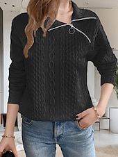 billige Teksturert hettegensere og sweatshirt-Dame Pullover عادي Gatemote Fritid Behagelig Langermet V-hals Vanlige topper Gate Ferie Ut på byen Halv glidelås Svart Hvit Grå Høst