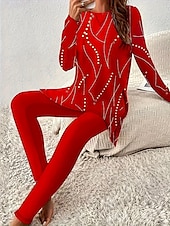 tanie graficzna bielizna nocna-Damskie Elegancja Urlop Moda Podkoszulek Zestawy spodni Długi rękaw Okrągły dekolt Kwiaty Graficzny Nadruk Codzienne Czerwony Granatowy Jadeit Lato Regularny
