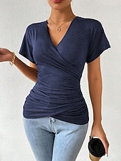 voordelige Sexy topjes voor dames-Dames Zomer tops Effen Stijlvol Modern Korte mouw V-hals Normale tops Dagelijks Feestdagen Met ruches blauw Grijs Zomer