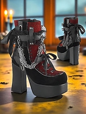 baratos Para mulheres-Botas femininas góticas plataforma – saltos de veludo com cadarço, correntes e fivelas para festas de Halloween, cosplay e punk