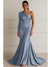 economico Rosa-Sirena / Tromba Abito da Sera Elegante Vestito Formale Matrimonio Lunghezza al pavimento Manica Lunga Monospalla Vestito Rosa Raso Elasticizzato con Pieghe 2025