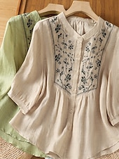 abordables Chemises-Femmes Chemises en coton et lin Fleuri Bohème Occasionnel Manche 3/4 Col ras du cou Hauts Réguliers Quotidien Broderie Vert Abricot Été Printemps Automne