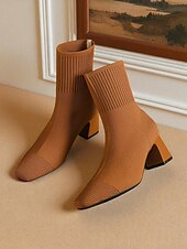 preiswerte Stiefeletten-Marineblaue Strick-Sockenstiefel für Damen – spitze Stretch-Stiefeletten mit Blockabsatz für elegante Alltags- und Herbstoutfits