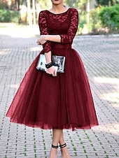 preiswerte Cocktailkleider-A-Linie Cocktailkleider Elegantes Kleid Knöchellang 3/4 Ärmellänge Juwel-Ausschnitt Herbst Hochzeitsgast Tüll mit Falten Spitzen-Einsatz Kleider
