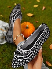 preiswerte Ballerinas für Damen-Orangefarbene Flyknit-Ballerinas für Damen – atmungsaktive Slipper mit spitzer Spitze und schwarzem Besatz für Halloween-Partys, Herbstpicknicks und den lässigen Alltag