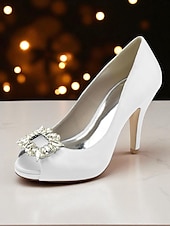 クリスタルバックル付きレディースサテンピープトゥパンプス - カクテルパーティーや夜のイベントに最適な、クラシックな女性用ハイヒールドレスシューズ お買い得  カクテル-クリスタルバックル付きレディースサテンピープトゥパンプス - カクテルパーティーや夜のイベントに最適な、クラシックな女性用ハイヒールドレスシューズ
