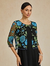 preiswerte Elegante Oberteile-Damen Strickjacke Spitze bestickt elegant Basic lässig geblümt formell kurz Rundhalsausschnitt lockere Passform 3/4-Ärmel Oberbekleidung Marineblau Sommer Frühling