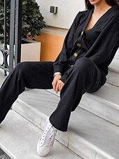 voordelige Blousepakken voor dames-Dames Actief Streetwear Blouse Broeken Sets Lange mouw V-hals Effen Kleur Vakantie Alledaagse kleding Zwart Leger Groen Stoffig blauw Herfst Normale pasvorm