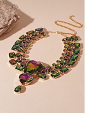 abordables Collar de mujer-Gargantilla y pendientes de cristal plateado con declaración para mujer: joyas glamurosas con diamantes de imitación grandes para fiestas, bodas y eventos formales.