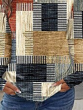 billige Stripe og geometrisk t-skjorte-Påske Dame T skjorte Grafisk Geometrisk Ruter Årgang Stilfull Klassisk Langermet Crew-hals Rund hals Vanlige topper Daglig Trykt mønster Kakifarget Sommer Vår Høst
