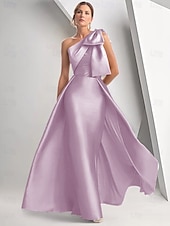 abordables Champagne-Robe de soirée A-Line élégante robe formelle longueur sol sans manches épaule unique mariage d&#039;automne satin avec nœud(s)