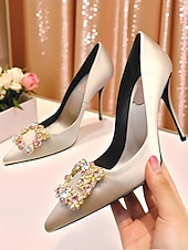 ieftine Pantofi clasici-Tocuri înalte cu vârful ascuțit din satin auriu pentru femei - pantofi eleganți cu cataramă cu strasuri pentru cocktailuri și evenimente de seară