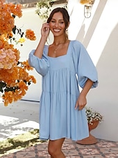preiswerte Weißes Kleid-Damen Minikleid Sommerkleid Figurbetontes Kleid Rückenfreies Kleid Urlaub Party Geburtstag Laternenärmel Party Täglich Ferien Lässiger Schnitt Einfach Dreiviertelarm Quadrathals Hellblau Orange