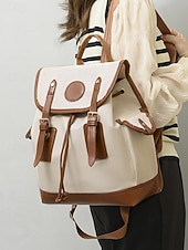 cheap College Backpacks-Women&#039;s Vintage Faux Leather Trim Backpack - Waterproof Canvas Preppy School Bag with Drawstring Closure for Teenage Girls, Students and Daily Use