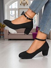 baratos Block Heels-Sapatos Mary Jane femininos de salto bloco vermelho - sapatos sociais de camurça sintética com bico redondo e tira no tornozelo, estilo vintage para escritório, festas e uso diário