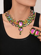 abordables Collar de mujer-Gargantilla y pendientes de cristal plateado con declaración para mujer: joyas glamurosas con diamantes de imitación grandes para fiestas, bodas y eventos formales.