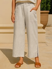 economico Pantaloni in lino e cotone semplici-Per donna Pantaloni in cotone e lino Gamba larga Chinos Vacanza Vintage Moda Lunghezza intera Vita Alta Semplice Tasca Comodità All&#039;aperto Inelastico Vacanza Streetwear Quotidiano Giallo Arancione