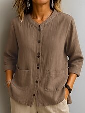 お買い得  シャツ-女性用 コットンリネンシャツ 純色 ベーシック カジュアル 七分袖 クルーネック レギュラートップス 日常 ポケット ボタン ホワイト ワイン グリーン カーキ色 夏 春 秋
