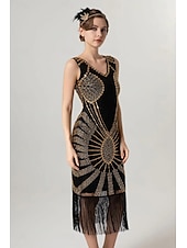 abordables Robes-Rétro Vintage Années Folles Années 1920 Midi Robe Charleston Robe de cocktail Gatsby le Magnifique Fille Flapper Paillettes Frange Col en V Femmes Noël Halloween Carnaval Mariage Soirée Mascarade