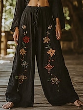 billiga breda ben och hög midja-Dam Brett skaft Byxor Palazzo byxor Ledigt Boho Fullängd Hög midja Blomma Elastisk midja Snörning Mönster Mateial som andas Bekväm Gata Dagliga kläder Utekväll Svart Vår Höst Normal