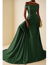 preiswerte Empire-Waist-Abendkleider-Hohe Mode Abendkleid Schwarz-Tie Meerjungfrau  Trompeten Abendkleid Elegantes Kleid Formelle Hochzeit Gericht Zug Ärmellos Off-Shoulder Satin mit Falten Raffung