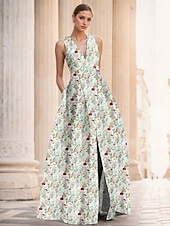 abordables FLORALES-Robe de soirée A-Line en jacquard floral verte élégante Robe de mariage formelle longueur au sol sans manches en V en nylon avec poche fente Robe invitée de mariage