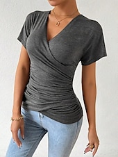 voordelige Sexy topjes voor dames-Dames Zomer tops Effen Stijlvol Modern Korte mouw V-hals Normale tops Dagelijks Feestdagen Met ruches blauw Grijs Zomer