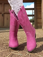 abordables Cowboy et bottes occidentales-Bottes de cowboy style western pour femmes – bottes mi-mollet en similicuir marron pour les festivals d&#039;automne, les citrouilles et les tenues champêtres