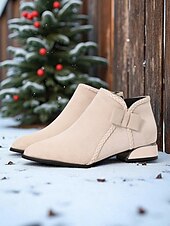 abordables Bottines-Bottines rouges en simili-suède pour femme – bottines à talon bas avec nœud latéral pour les tenues d&#039;hiver, les fêtes de Noël et les achats décontractés