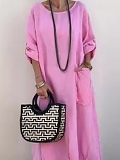 abordables concevoir des robes en coton et lin-Femmes Robe Longue Maxi Robe Robe Décontractée Mode Moderne Extérieur Vacances Fête Coupe régulière Uni manche longue Col ras du cou Blanche Jaune Rose Claire bleu marine Automne
