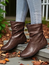 baratos Botas Slouch-Botas largas femininas de couro sintético marrom – sapatos retrô de salto baixo e cano médio para o outono, caminhadas diárias e passeios casuais