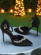 levne Klasické lodičky-Dámské černé saténové jehlové podpatky se špičatou špičkou, křišťálovými ozdobami a páskem na kotníku - elegantní společenské boty na koktejlové a večerní akce
