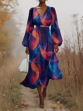 cheap Art&amp;Design Dress-Women&#039;s Midi Dress Casual Dress Chiffon Swing Dress Modern Vacation Daily Weekend Regular Fit Geometric Long Sleeve V Neck Yellow Purple Green Summer Spring Fall Autumn