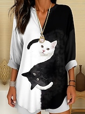 billige Dyr Topp-Kvinnes Bluse Tunika V-hals Lange Ermer Boho Casual Sommer Topper Grafisk Dyr Katt Vintage Tropisk Vanlige Topper Daglig Bruk Print Svart Og Hvit Gul Rosa Rød Blå