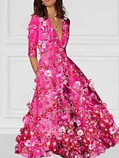 economico Abiti da cocktail-Abito da Cocktail A-Line Floral Elegante Abito Formale Matrimonio Lungo fino alla Caviglia Mezza Manica V Neck Abito Rosa Stretch Crepe con Ricamo e Tasca