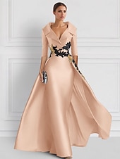abordables ROUGE-Robe de soirée vintage A-line rouge robe élégante en tuxedo longueur au sol manches 3/4 col de chemise en satin avec appliques